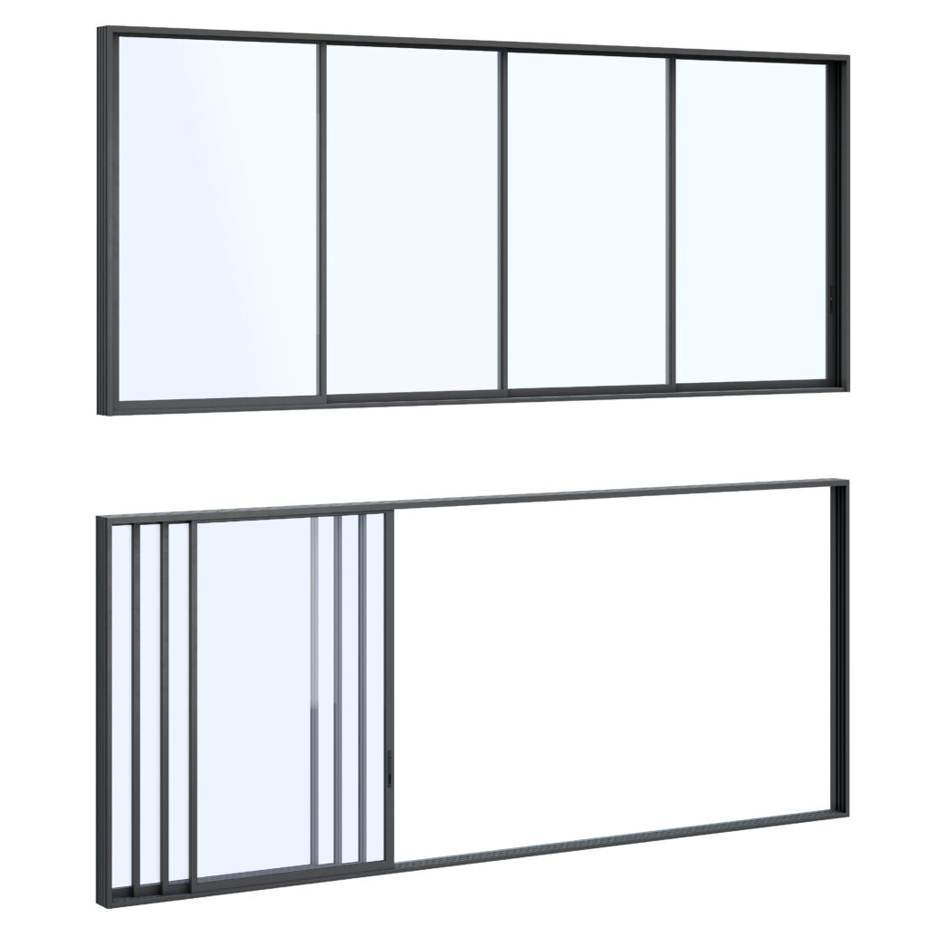 Product image of INICIO multislide door. Top photo shown close with four visible panels. Bottom image shown closed with all panels clustered together.