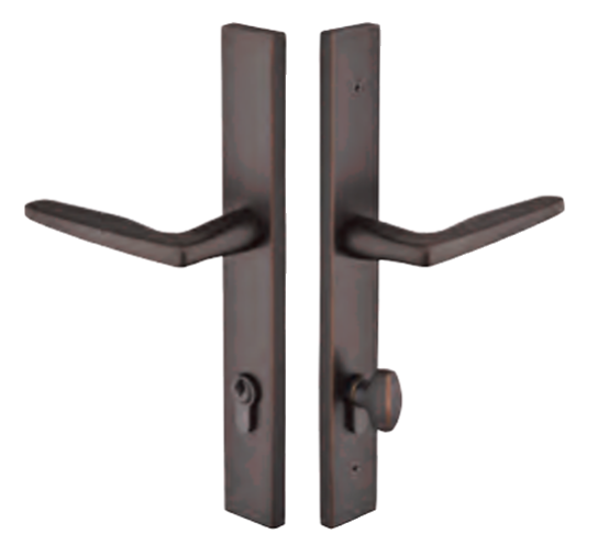 Two dark bronze door handles with rectangular backplates, one featuring a keyhole and the other with a thumb turn lock, displayed on a plain white background.