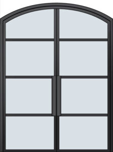 A black-framed, double glass door with an arched top and six rectangular glass panels on each side. The doors have vertical handles in the center.