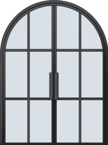 Illustration of a tall, arched window with a black frame and a central vertical handle, divided into rectangular glass panes by horizontal and vertical muntins.