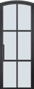 A tall, black-framed glass door with six rectangular glass panes divided by horizontal and vertical mullions, and a simple vertical handle on the left side. The top of the door is arched.