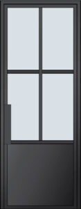 A modern black-framed glass door with four glass panes in the upper section and a solid lower panel, featuring a rectangular handle on the left side.