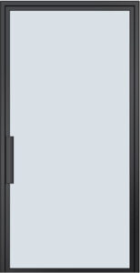 A closed glass door with a black frame and a vertical black handle on the left side. The door appears modern and minimalistic, with a clear pane of glass taking up most of the surface.