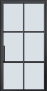 A tall glass door with a black metal frame, divided into six rectangular panes by horizontal and vertical bars, and a vertical handle on the left side.