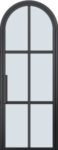 Illustration of a tall, narrow, black-framed door with an arched top and large glass panels divided into four sections by horizontal and vertical bars, featuring a rectangular handle on the left side.