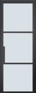 A tall, rectangular glass door with a dark frame, two horizontal metal bars dividing the glass into three sections, and a vertical handle on the left side.