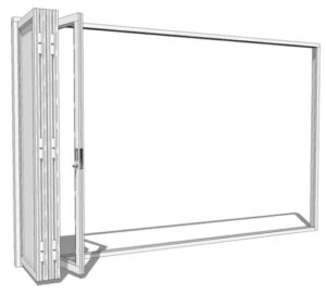 A black-and-white illustration of a folding glass door, partially open, with multiple panels folding to one side within a rectangular frame. The background is blank.