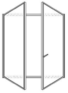 Line drawing of double glass doors, both open outward, with visible handles and frame. The doors are shown at an angle, suggesting entry or exit through a passageway.
