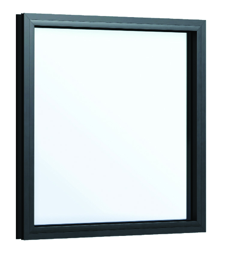 A square window with a plain black frame, viewed at an angle against a white background. The glass is clear with no visible objects or scenery behind it.