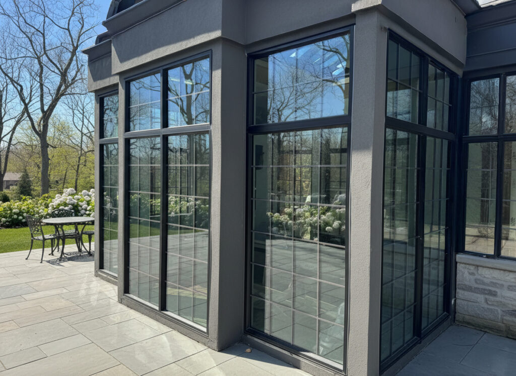 Large modern INICIO steel window + doors with black frames reflect a garden scene with trees and hydrangeas. A small metal table with two chairs sits on a stone patio beside the building under a clear sky.