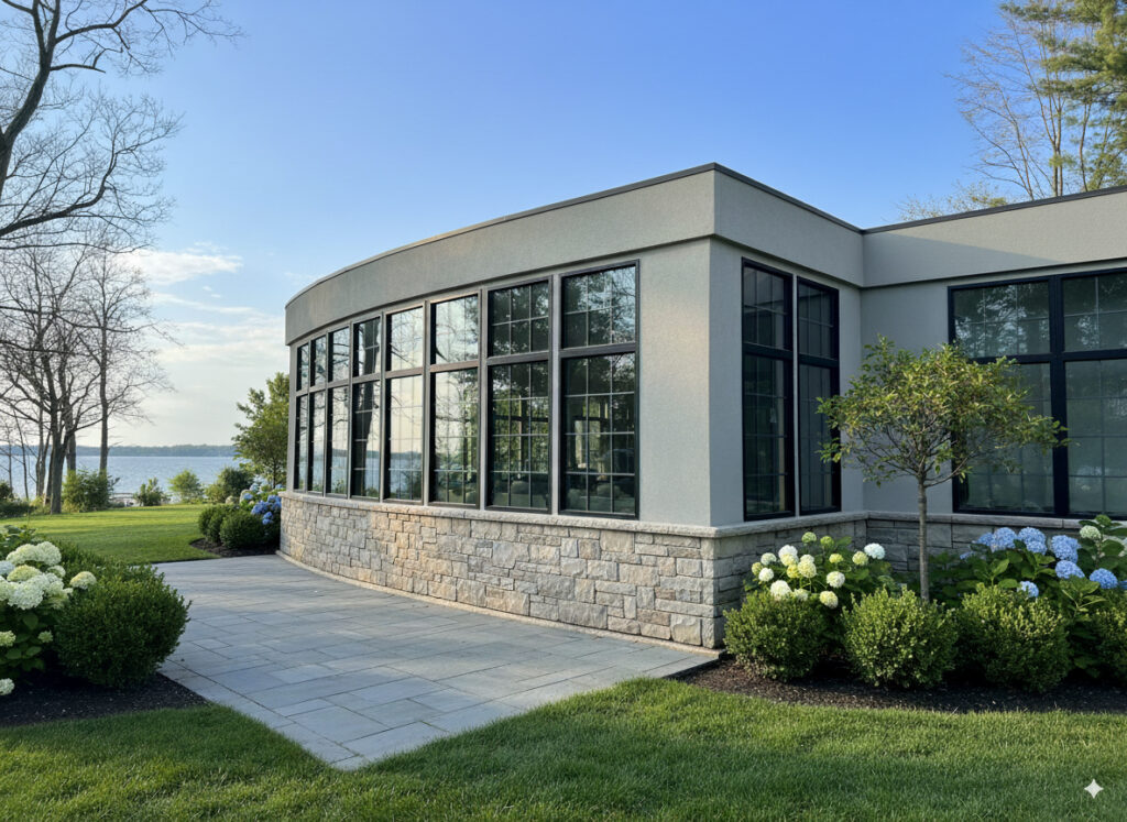 Modern building with large glass windows, INICIO steel window + doors, and stone accents, surrounded by green grass, neatly trimmed bushes, and blossoming hydrangeas, with water and trees in the background under a blue sky.