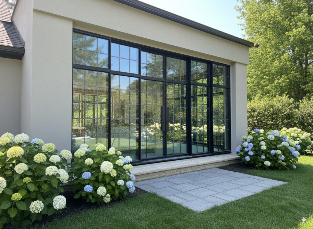 A modern house features large INICIO steel window + doors, with floor-to-ceiling black-framed panes overlooking a small patio and lush green lawn. White and blue hydrangea bushes bloom on either side, while trees fill the background.