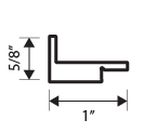 A black line drawing of an L-shaped profile with a stepped edge, measuring 5/8 inch tall and 1 inch wide. Arrows and labels indicate the dimensions.