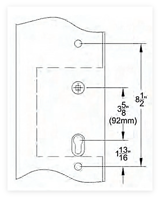 Technical drawing of a bracket or plate with three holes and two vertical measurements: 3 5/8 inches (92 mm) and 8 1/2 inches, and a third measurement of 13/16 inches near the bottom hole.
