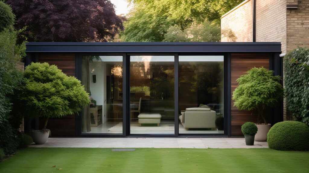 A stylish outdoor space with a glass door and a perfectly trimmed lawn.