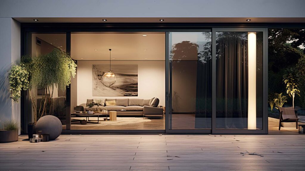 A contemporary house featuring sleek sliding glass doors.
