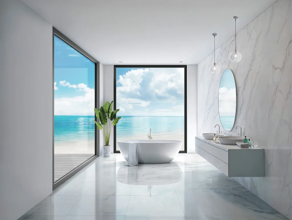 A modern bathroom with a soaking tub, double sinks, and large windows overlooking a beach and ocean.