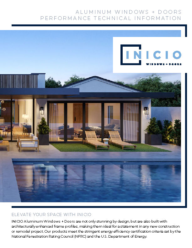 A modern house with large glass doors and windows opens to a backyard pool, outdoor seating, and a trimmed lawn. The image promotes INICIO aluminum windows and doors—visit the INICIO showroom to experience their design and energy efficiency.
