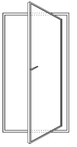 Simple black and white line drawing of a door partially open within its frame, viewed from an angle. The door has a handle and is slightly ajar, revealing empty space beyond.