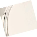 A close-up, tilted view of a metallic curved edge against a smooth, off-white background, possibly part of a household object like a lid or appliance.