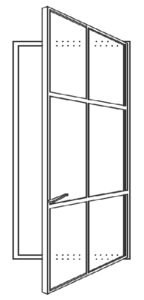 A black and white line drawing of a glass door with six rectangular panes, slightly open inward, and a handle on the left side.