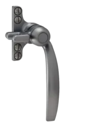 A silver metal window handle with a modern design, attached to a mounting plate with four visible screws, isolated on a white background.