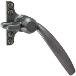 A metallic window handle with four visible screws securing the base plate, and a long, slightly curved lever extending to the right. The handle is in a horizontal, closed position.
