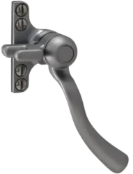 A silver metallic window handle with four visible mounting screws, attached to a rectangular base plate, and a curved lever extending outward.