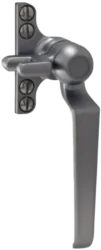 A metallic window handle with a long lever and base plate, secured by four screws, shown against a white background.