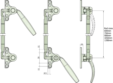 Technical drawing showing a lever handle mechanism from three angles: left view with handle up, middle view with handle down, and right view showing side profiles of the assembly.