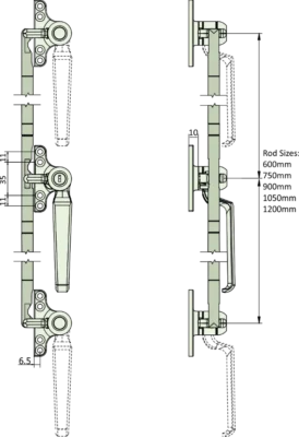 Technical drawing showing two views of a mechanical handle and latch assembly, with detailed gears and levers, viewed from the side and front against a black background.