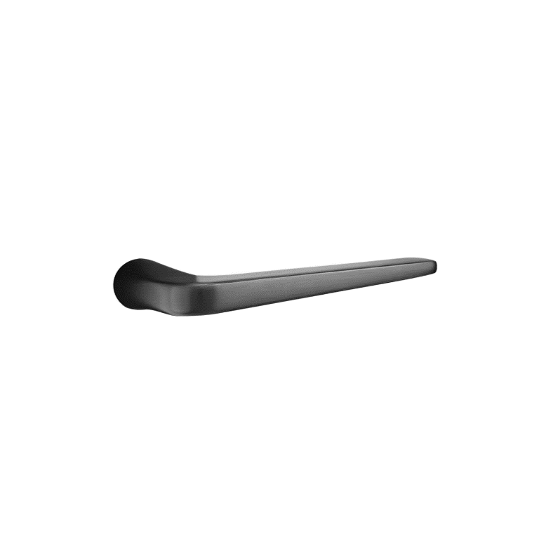 A modern, minimalist black door handle with a sleek, straight design is mounted against a plain light gray background.
