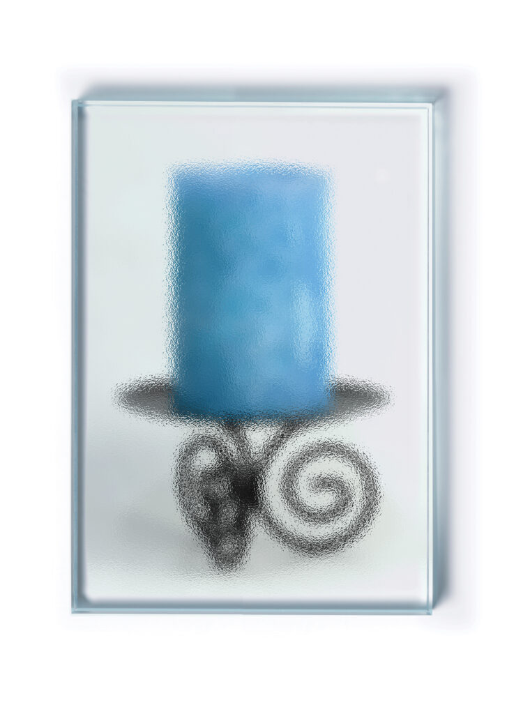 A blue candle on an ornate black metal holder with curled details set behind privacy glass.