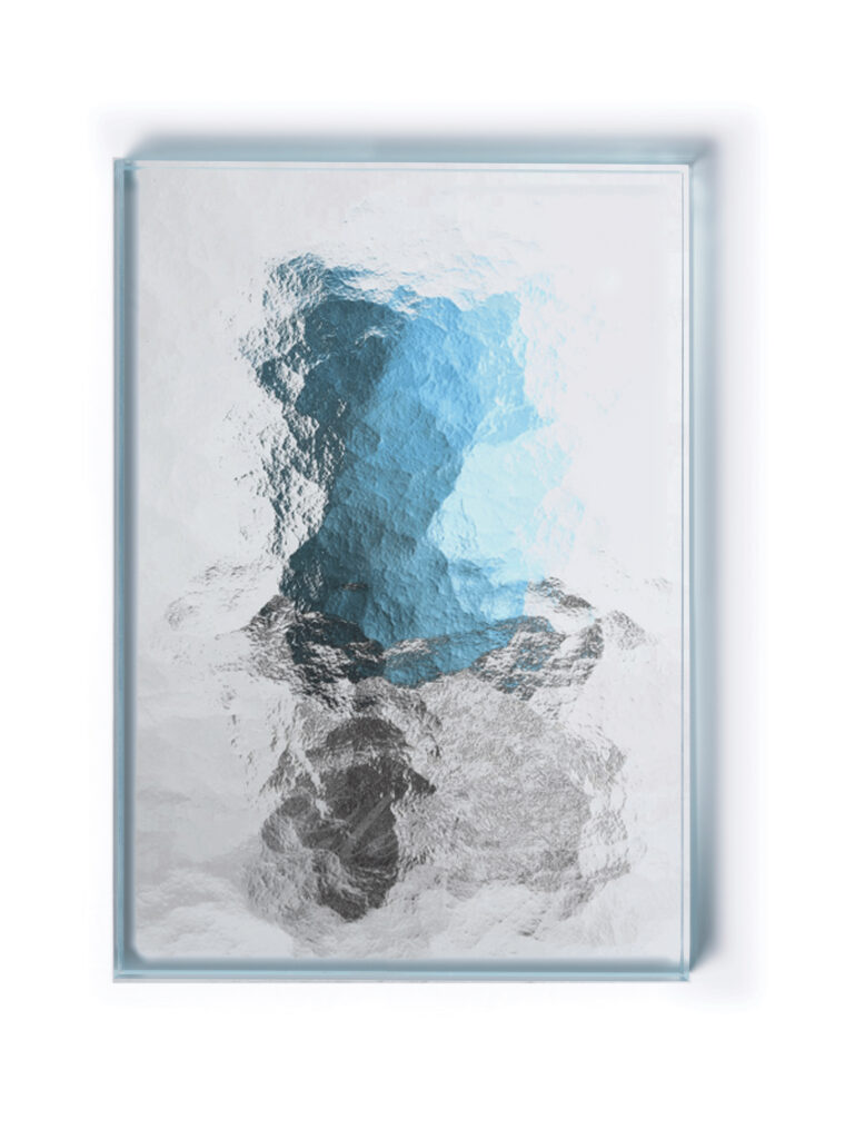A blue candle on an ornate black metal holder with curled details set behind privacy glass.