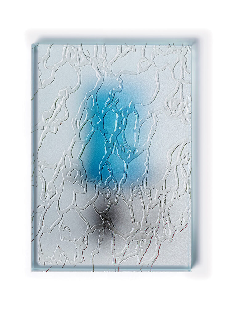 A blue candle on an ornate black metal holder with curled details set behind privacy glass.