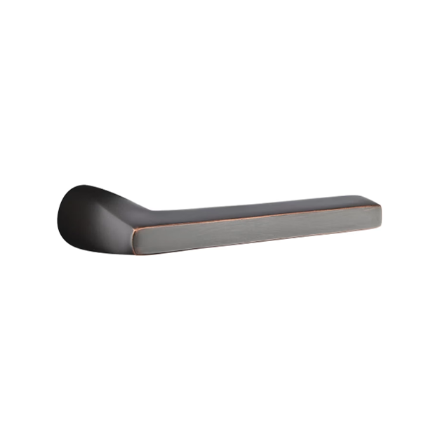 A modern, matte black metal door handle with a sleek, minimalist design and slightly curved edges, set against a plain white background.