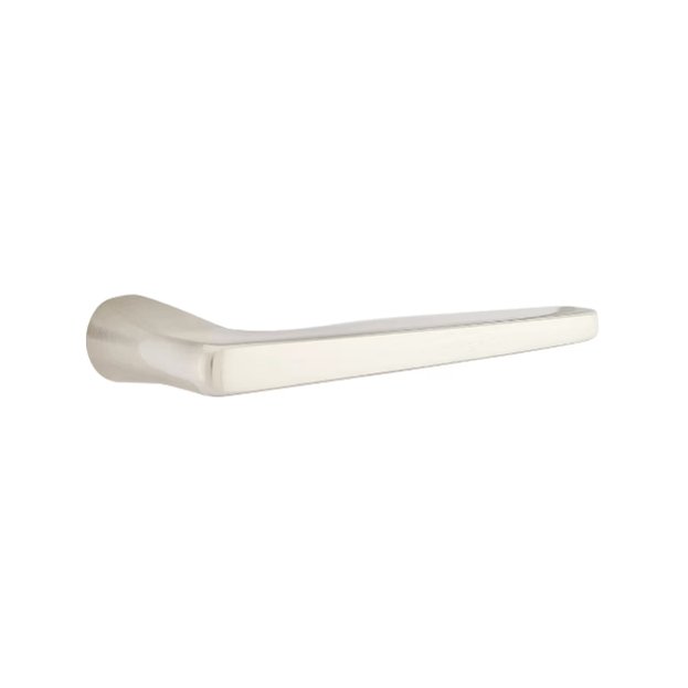 A sleek, modern, metallic door handle in a brushed nickel finish, mounted on a white background, viewed from the side.