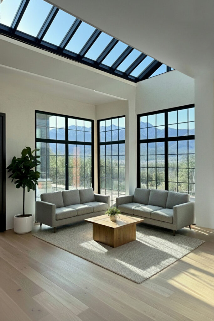 A bright, modern living room with large INICIO steel window + doors, skylights, two gray sofas, a wooden coffee table, a potted plant, light wood floors, and mountain views outside.